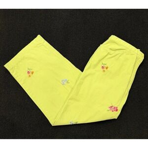 Vtg Susan Bristol Green Cotton Capri Pant Embroidered Floral 90s Artsy Whimsical